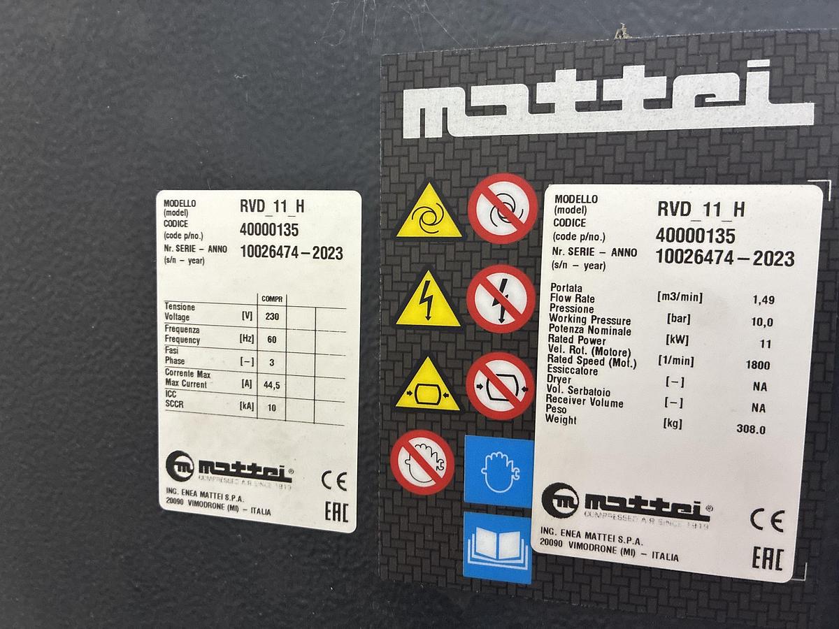 Used 2023 Mattei VRD 11 Rotary Vane Air Compressor with Dryer and 120 Gallon Tank ***Only 3,411 Power on Hours***