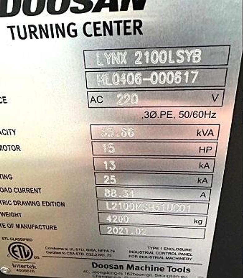 Used 2021 DOOSAN Lynx 2100LSYB Live Tooling Sub Spindle Y-Axis Turning Center