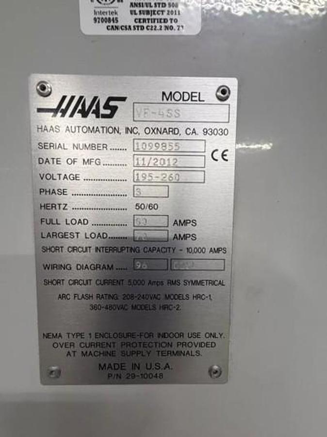 Used 2012 HAAS VF-4SS 4-Axis CNC Vertical Machining Center Low Hours