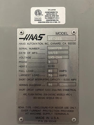 Used 2010 HAAS VF-2SS 12,000 RPM CNC Vertical Machining Center ***Low Hours***