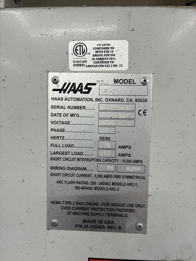 Used 2017 HAAS VF-2 CNC Vertical Machining Center *** Low Hours***