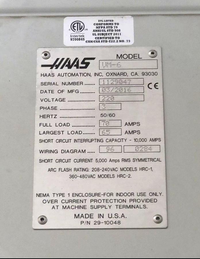 Used 2016 HAAS VM-6 12,000 rpm CNC Vertical Machining Center