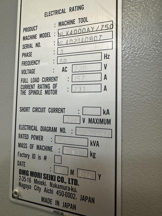 Used 2014 Mori Seiki NLX-4000AY/750 18" Chuck Live Tooling Y-Axis CNC Turning Center