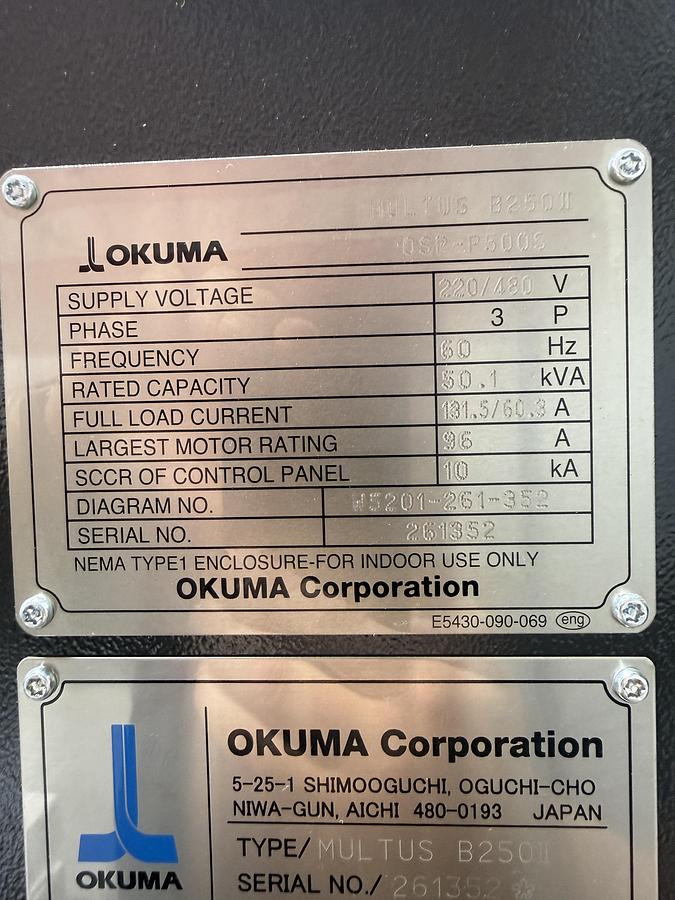 Used OKUMA MULTUS B250II Like Brand New Only 104 Hours Total Running Time