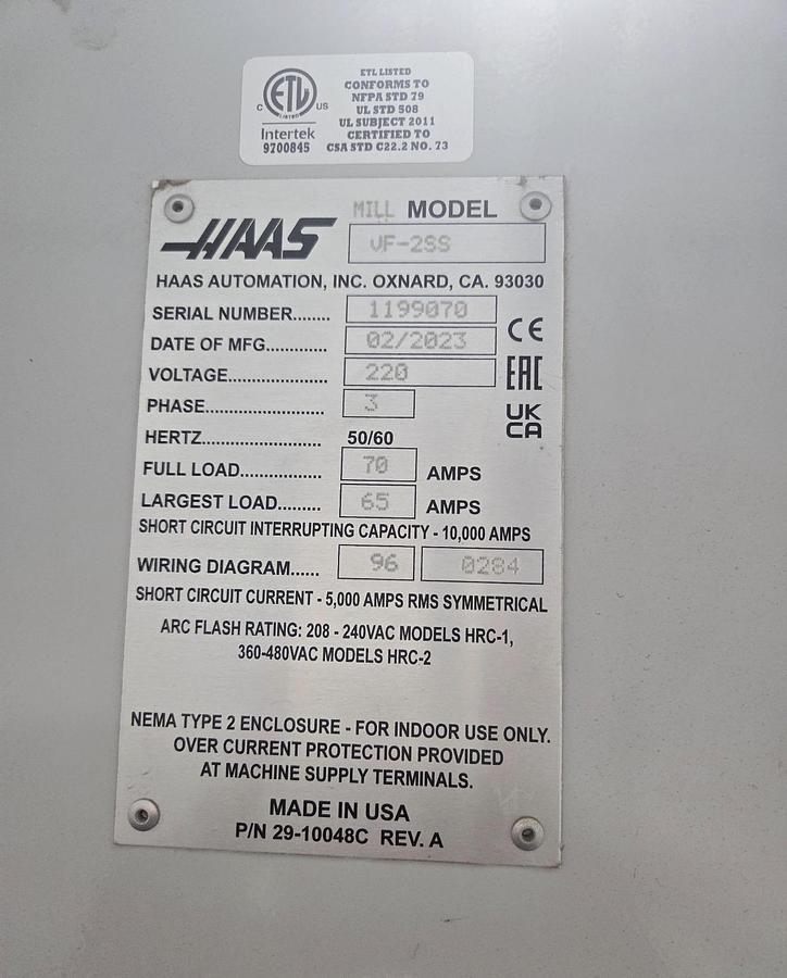 Used 2023 HAAS VF-2SS 12,000 RPM 4-Axis CNC Vertical Machining Center Only 100 Cutting Hours