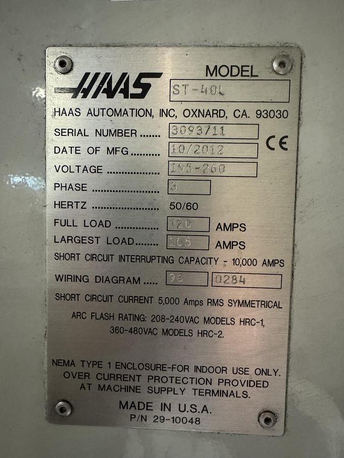 Used 2012 HAAS ST-40L Long Bore CNC Turning Center