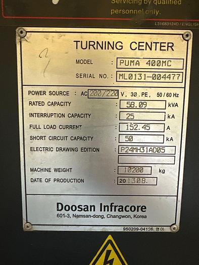 Used 2013 DOOSAN DOOSAN PUMA 400MC CNC LATHE TURNING CENTER WITH LIVE TOOLS