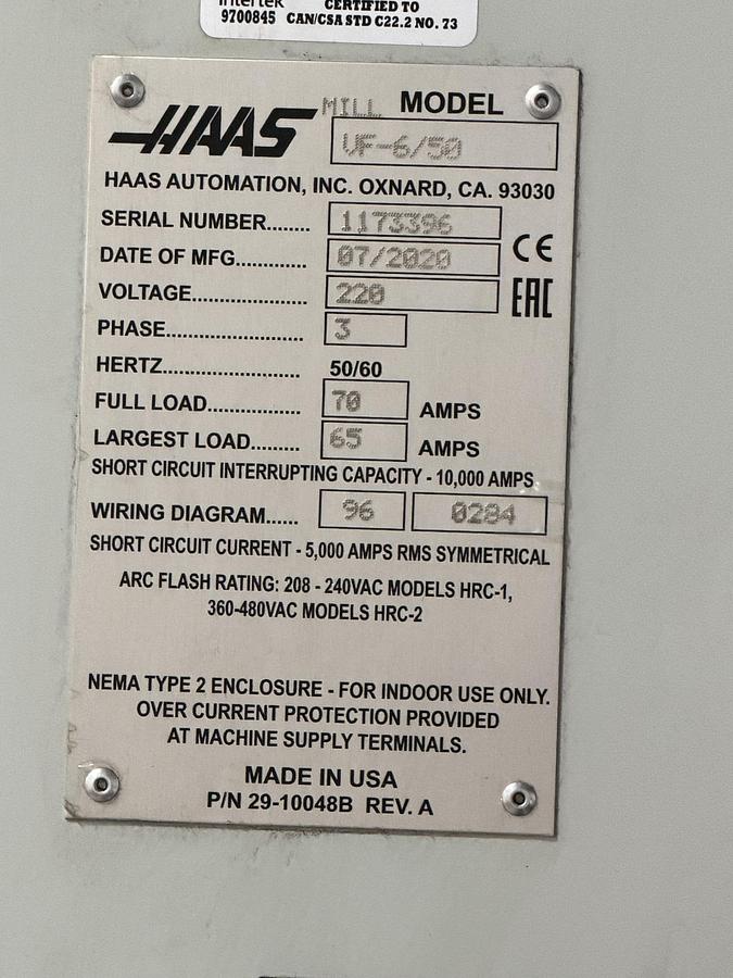 Used 2020 HAAS VF-6 Cat-50 4-Axis CNC Vertical Machining Center ***Only 2,327 Cutting Hours***