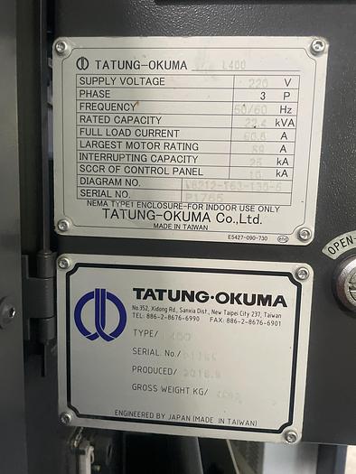 Used 2016 OKUMA Genos L 400 CNC Lathe with TailStock & Tool Presetter