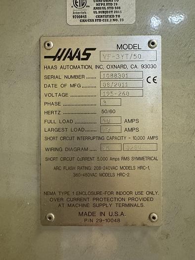 Used 2011 HAAS VF-3YT Cat-50 4-Axis CNC Vertical Machining Center