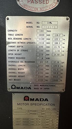 Used 2000 Amada  RG-100 100 Ton CNC Press Brake