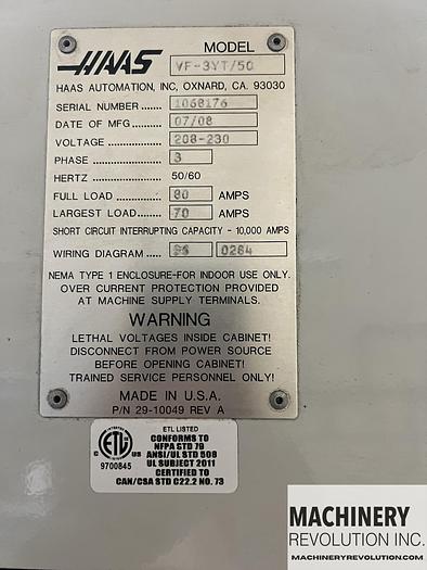 Used 2008 HAAS VF-3YT/50 CNC Vertical Machining Center TSC / WIPS