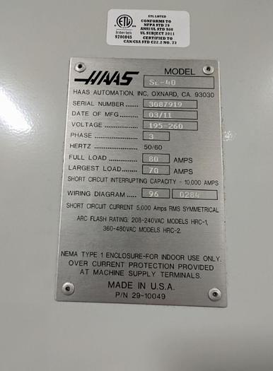 Used 2011 HAAS SL-40 CNC Turning Center with Live Tooling / C-Axis / Programmable Tailstock