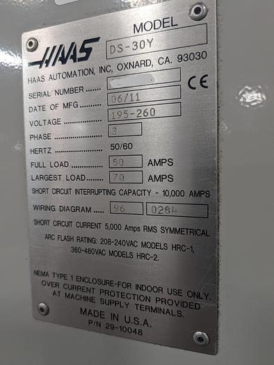 Used 2011 HAAS DS-30Y CNC Turning Center With Live Tooling Dual Spindle Bar Feeder