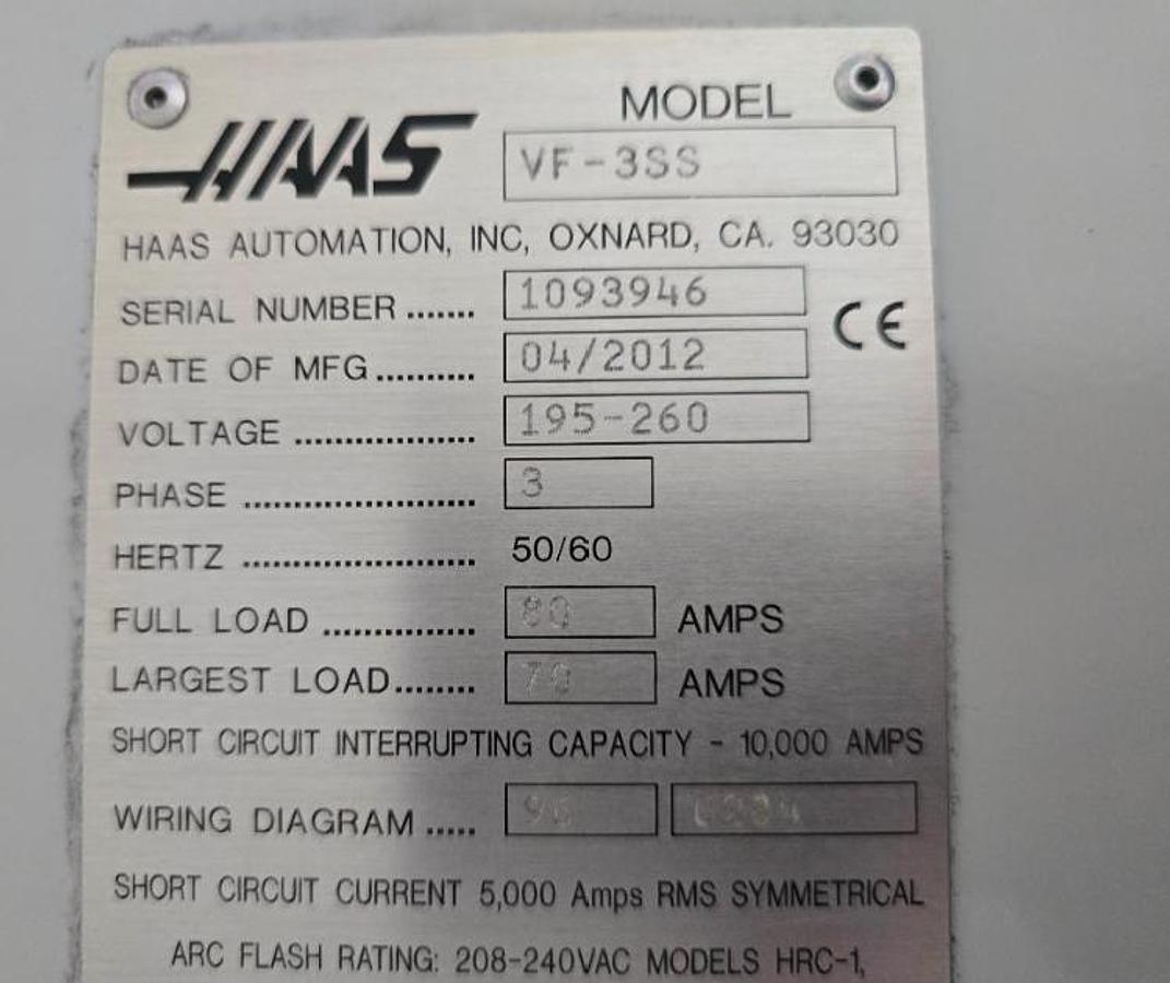 Used 2012 HAAS VF-3SS 4-Axis CNC Vertical Machining Center