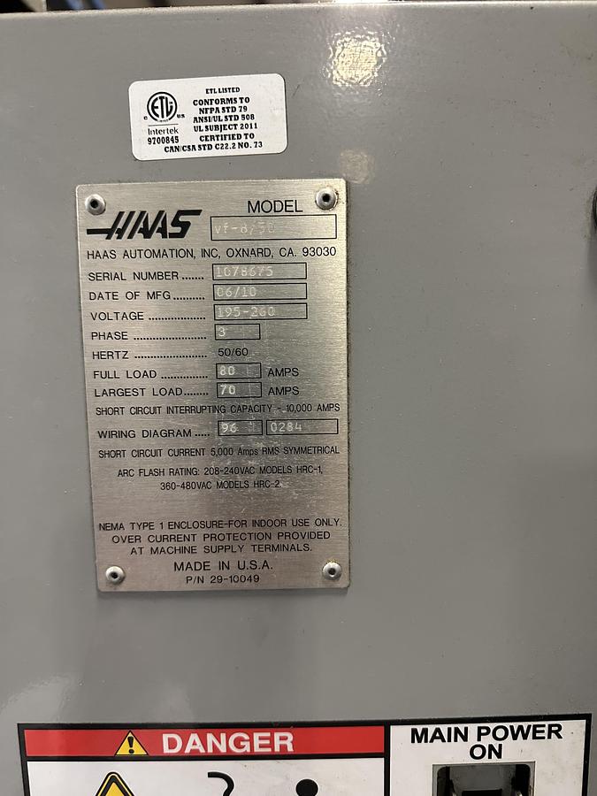 Used 2010 HAAS VF-8 Cat-50 4-Axis CNC Vertical Machining Center