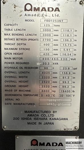 Used 2004 Amada FBD 1252NT CNC Press Brake