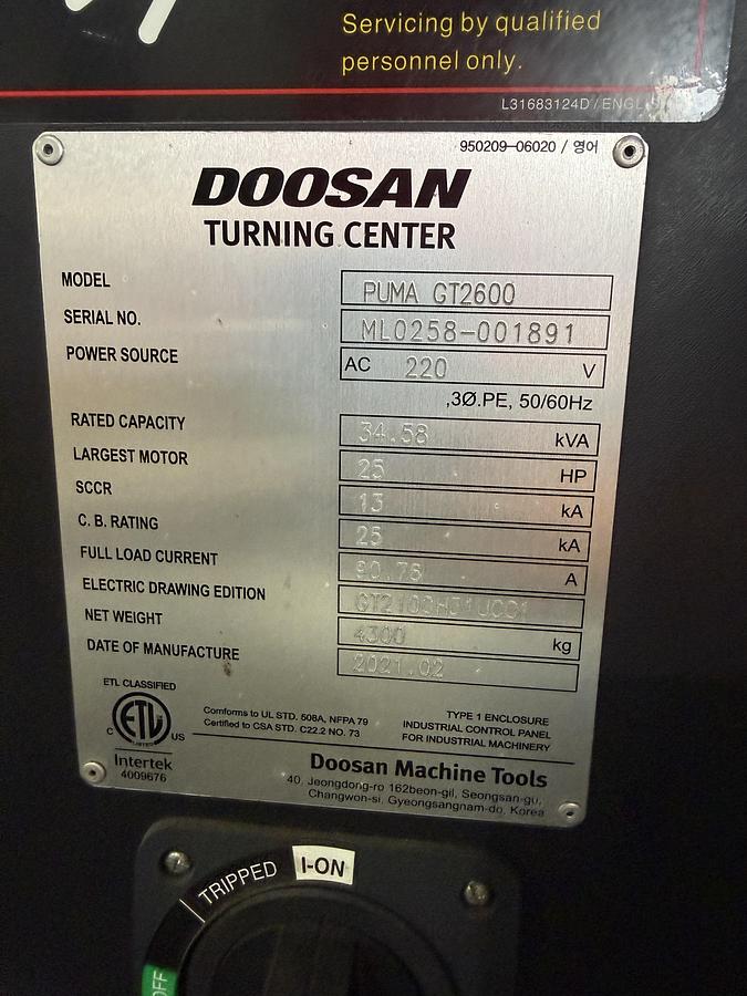 Used 2021 DOOSAN PUMA GT2600 CNC Lathe Tool Pre Setter Tailstock