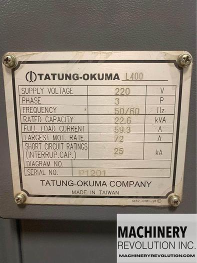 Used 2012 OKUMA Genos L 400 CNC Lathe with TailStock / Automatic Tool Presetter