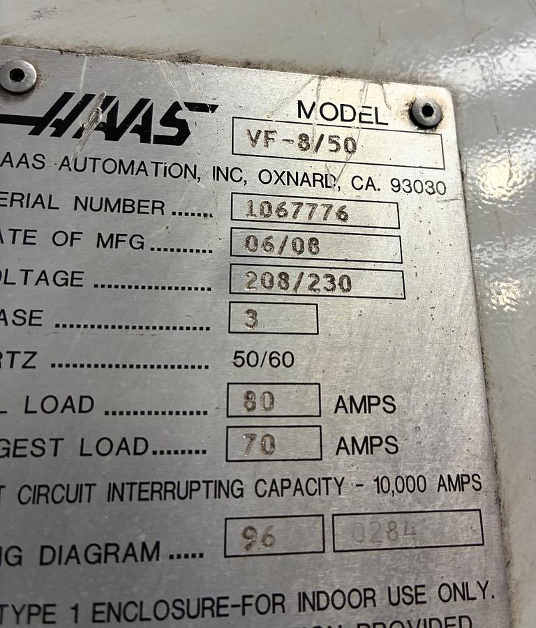 Used 2008 HAAS HAAS VF-8 Cat-50 4-Axis CNC Machining Center