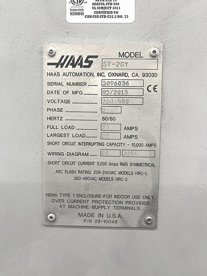 Used 2013 HAAS ST-20Y CNC Turning Center with Y-Axis/Live Tooling/Bar Feeder