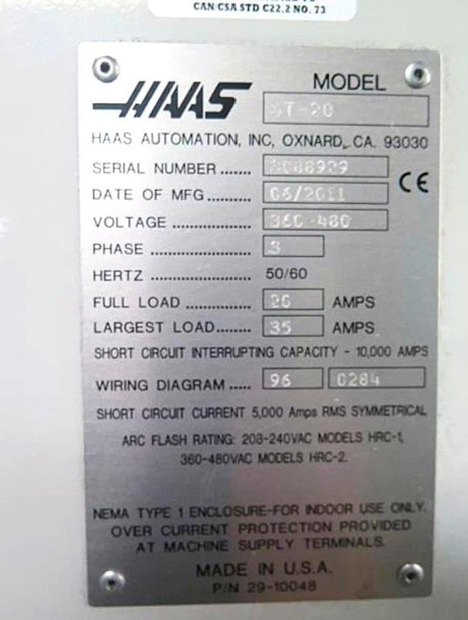 Used 2011 HAAS ST-20 CNC LATHE with Tailstock, PreSetter LNS Hydrobar Hydraulic Bar Feed