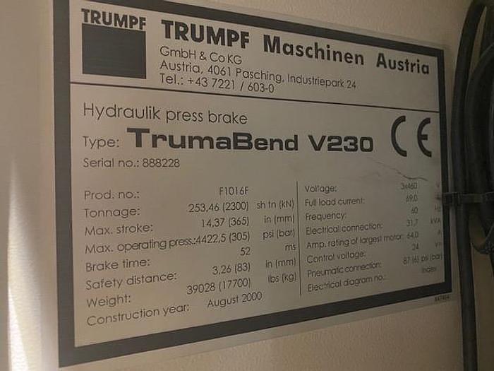 Used 2000 Trumpf 5-Axis TrumaBend V230 257 Ton Press Brake 144" Automatic Backguage R1, R2 Fingers