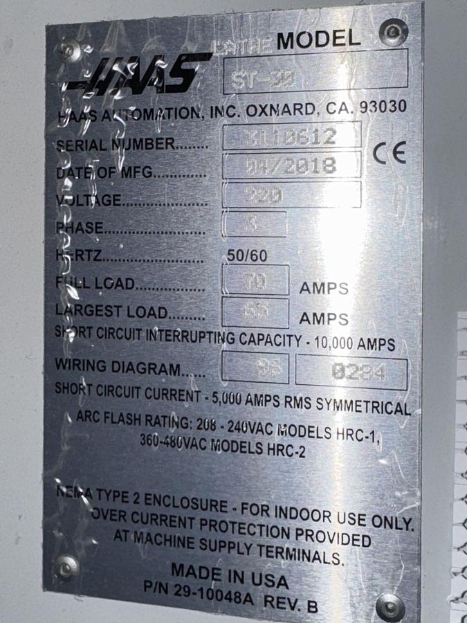 Used 2018 HAAS ST-30 CNC Lathe With Steady Rest and Tailstock Only 3,500 cutting hours