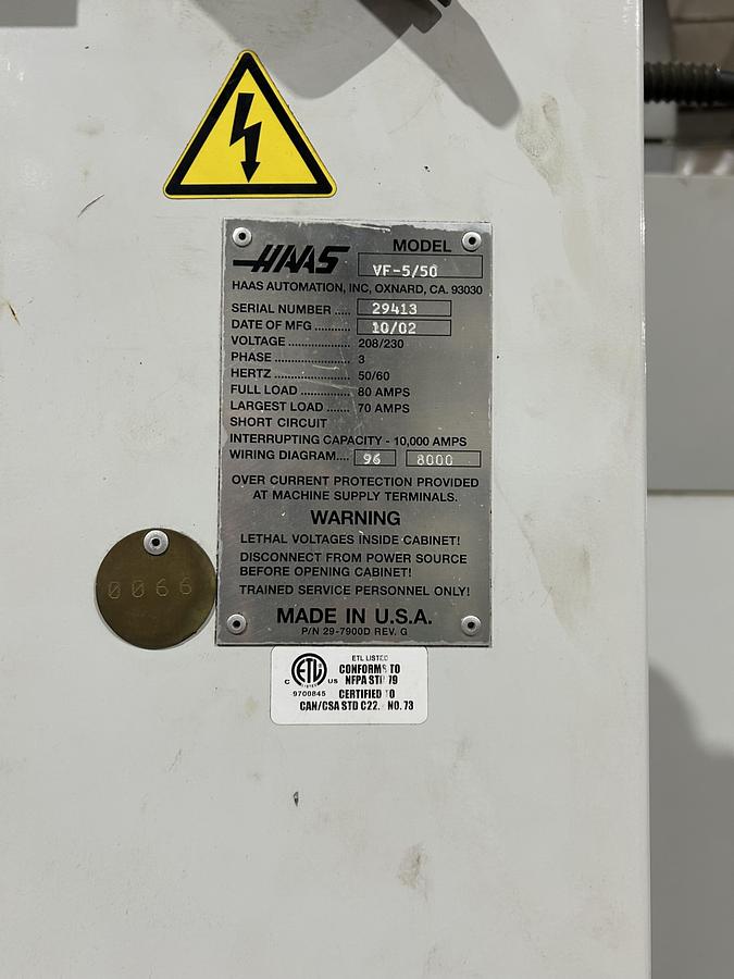 Used 2002 HAAS VF-5 Cat-50 4-Axis Vertical Machining Center
