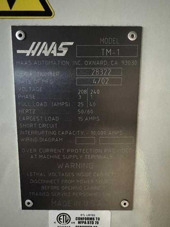 Used 2002 HAAS TM-1 CNC Vertical Mill