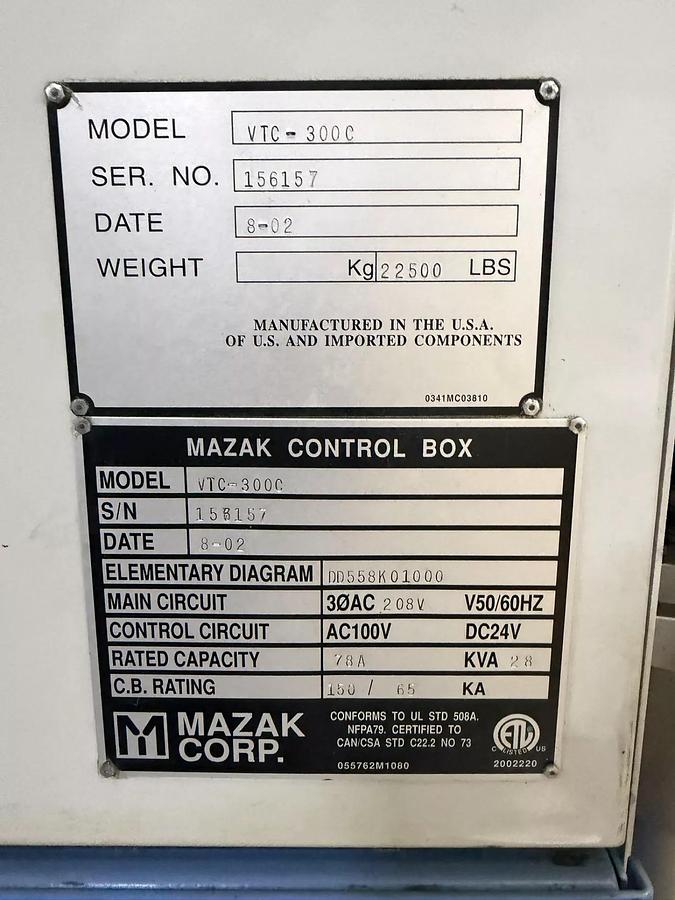Used 2002 MAZAK VTC-300C 12,000 rpm CNC Vertical Machining Center