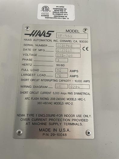 Used 2012 HAAS VF-5SS 4-Axis Vertical Machining Center ***Low Hours***