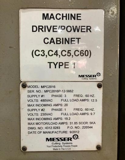 Used 2012 MESSER MPC 2016LP 15’ X 108’ Plasma System   MESSER Global CNC Control Version #4 with DNC Connection and Ethernet Capability  The MESSER MPC 2016LP Modular Rail System can be set up to be 10 Feet Long to 108 Feet Long as needed.  As your capability grows this Messer is designed to grow with it.    This large table option gives you flexible automation, to fit your individual needs of how many sheets you can lay on the table.    Maximizing space and cutting time.  Bridge Width: 19'-0" (Rail to Rail Center)  Y-AXIS Cutting Width: 15'-8"  X-AXIS Cutting Length: 108'-4" with Supplied Rail  19’ Cut-Width  108’ Cut-Length  3 Plasma Torches  (3) Independent Hypertherm Plasma Torches with Robotic Bevel Capabilities  Torch Configuration:  #1 Profile  #2 Robotic Bevel Head  #3 Profile Lifters / Leads Hypertherm  Hyper-Performance Plasma HPR260XD (Internal Chiller)