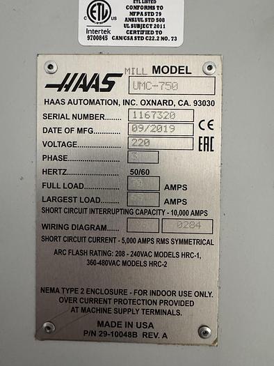 Used 2019 HAAS UMC-750 5-Axis 12,000RPM CNC Vertical Machining Center