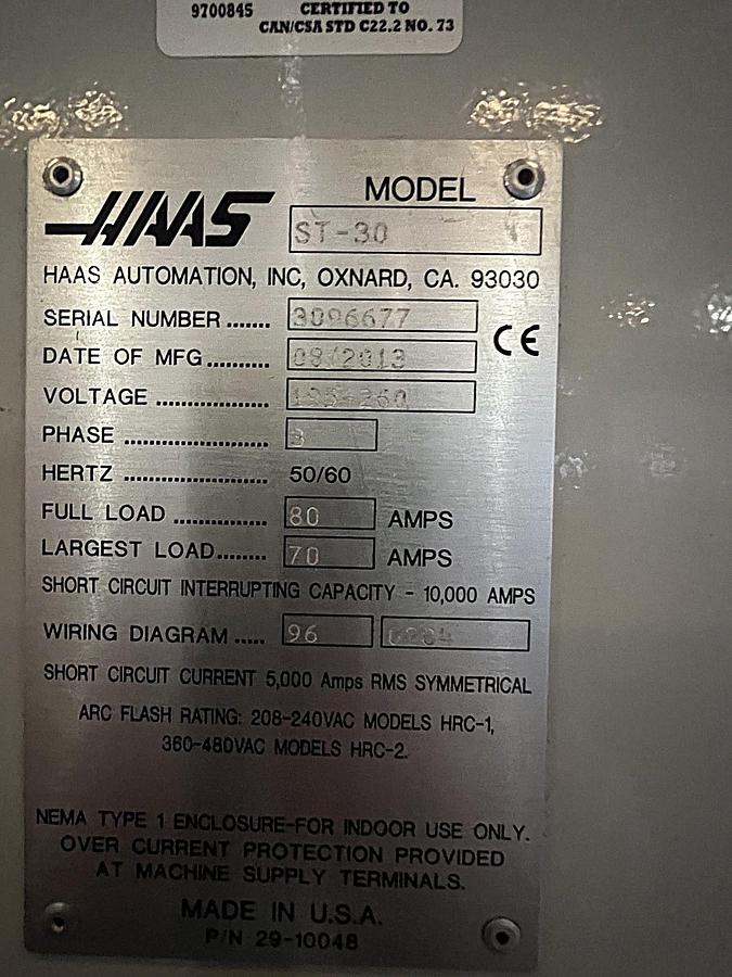 Used 2013 HAAS ST-30 CNC Lathe Turning Center with Programmable Tailstock / Automatic Tool PreSetter