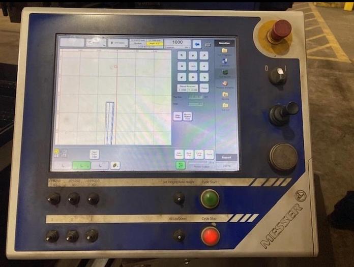 Used 2012 MESSER MPC 2016LP 15’ X 108’ Plasma System   MESSER Global CNC Control Version #4 with DNC Connection and Ethernet Capability  The MESSER MPC 2016LP Modular Rail System can be set up to be 10 Feet Long to 108 Feet Long as needed.  As your capability grows this Messer is designed to grow with it.    This large table option gives you flexible automation, to fit your individual needs of how many sheets you can lay on the table.    Maximizing space and cutting time.  Bridge Width: 19'-0" (Rail to Rail Center)  Y-AXIS Cutting Width: 15'-8"  X-AXIS Cutting Length: 108'-4" with Supplied Rail  19’ Cut-Width  108’ Cut-Length  3 Plasma Torches  (3) Independent Hypertherm Plasma Torches with Robotic Bevel Capabilities  Torch Configuration:  #1 Profile  #2 Robotic Bevel Head  #3 Profile Lifters / Leads Hypertherm  Hyper-Performance Plasma HPR260XD (Internal Chiller)