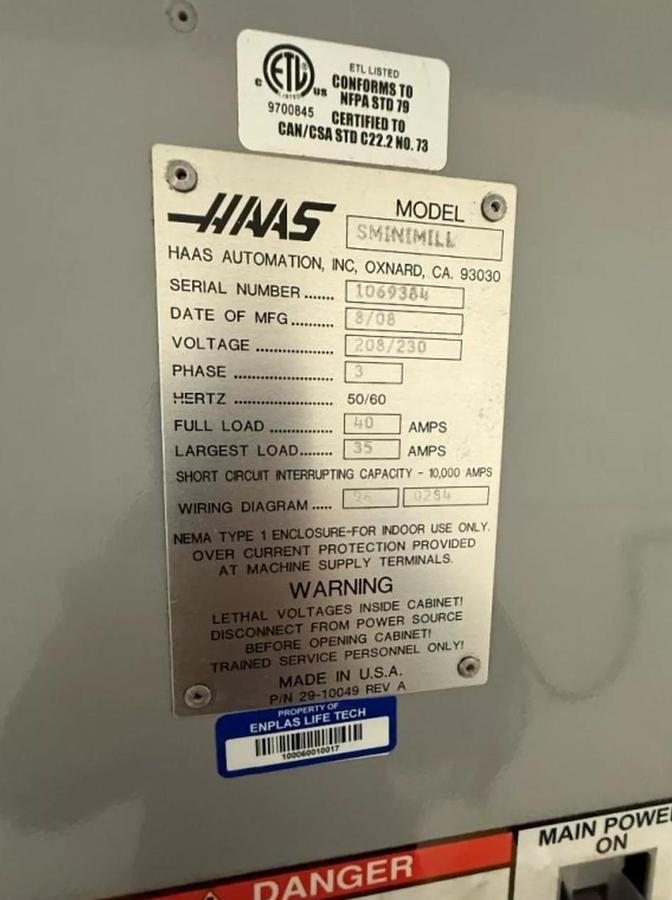 Used 2008 HAAS Super Mini Mill 10,000 rpm cnc Vertical Machining Center