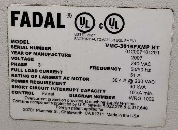 Used 2007 FADAL MAG 3016 VMC CNC Vertical Machining Center