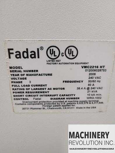 Used 2006 FADAL VMC 2216HT 10,000 RPM CNC Vertical Machining Center