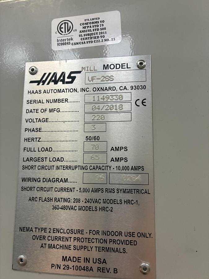 Used 2018 HAAS VF-2SS 15,000 RPM 4-Axis with HRT-160 Rotary Table Probe HSM