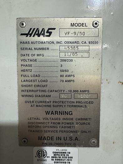 Used 2005 HAAS VF-9 Cat 50 4-Axis Vertical Machining Center