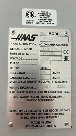 Used 2021 HAAS VF-2SS 12,000 RPM CNC Vertical Machining Center