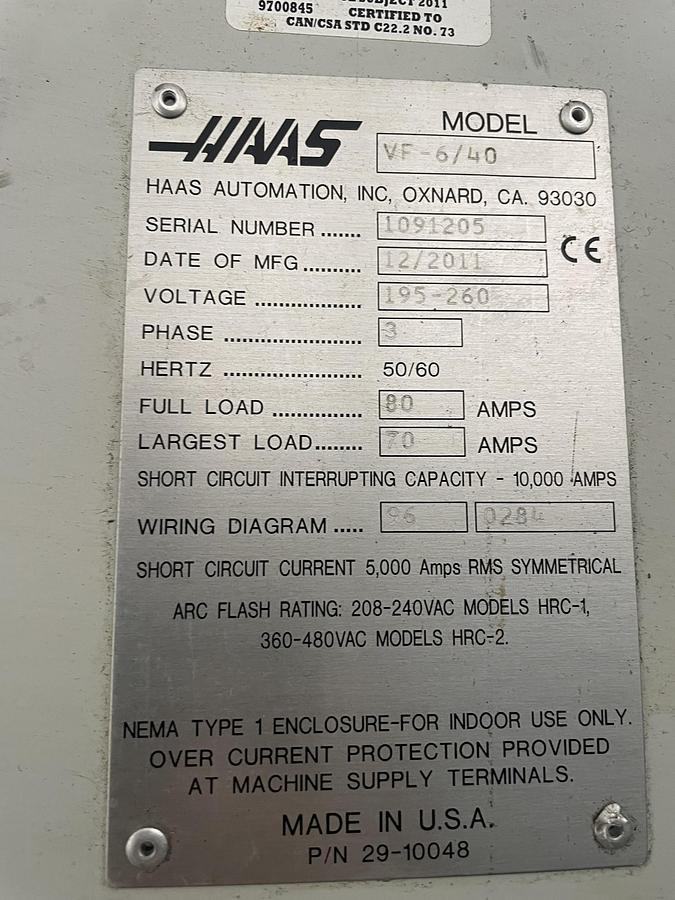 Used 2011 HAAS VF-6 10,000 RPM 4-Axis CNC Vertical Machining Center