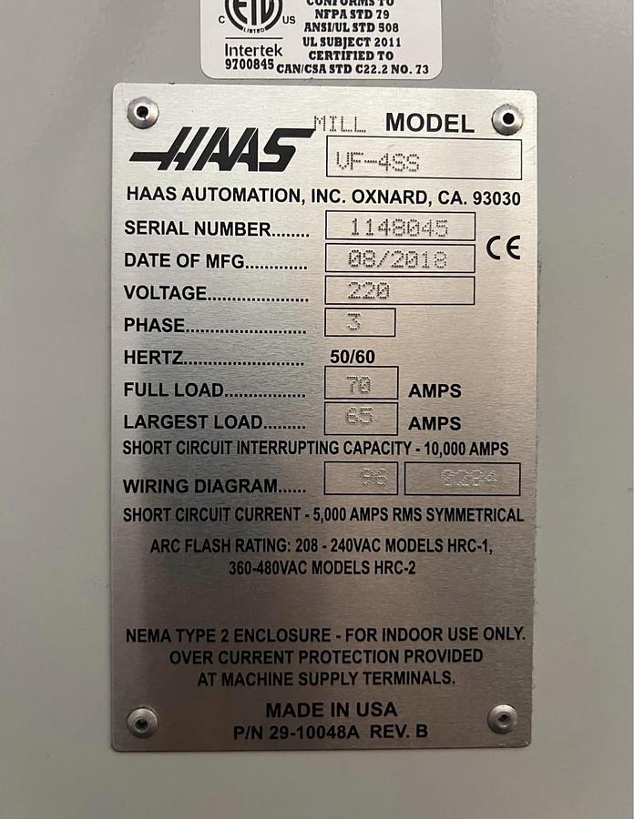 Used 2018 HAAS VF-4SS 5-Axis 15,000 rpm CNC Vertical Machining Center