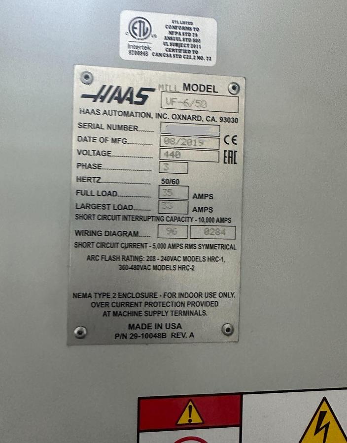 Used 2019 HAAS VF-6 Cat-50 4-Axis CNC Vertical Machining Center ***Only 2,327 Cutting Hours***
