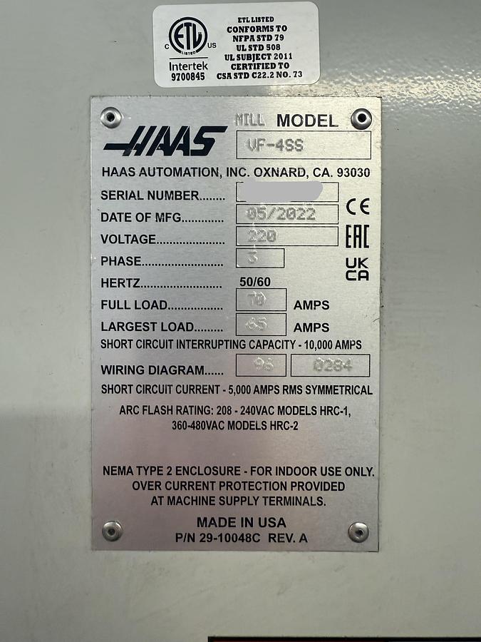 Used 2020 HAAS VF-4SS 4-Axis CNC Vertical Machining Center