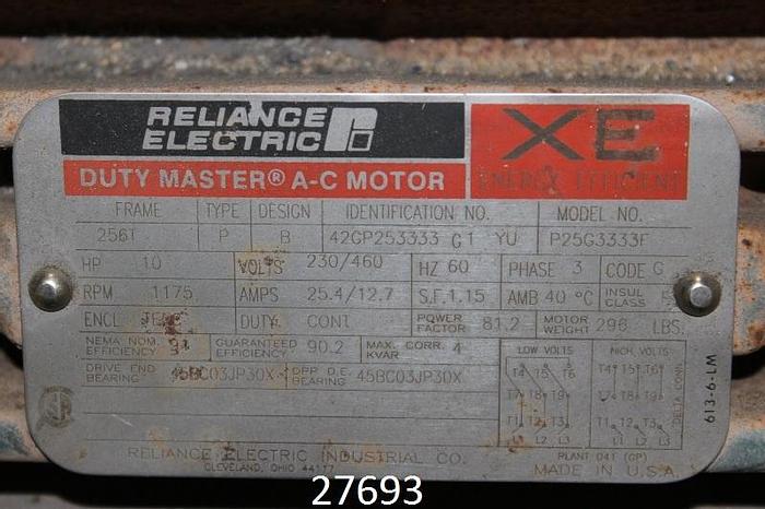 Used Reliance P25G3333F Ac Motor, 10 Hp, 1175 Rpm, 230/460V, S.F. 1.15, Tefc #27693