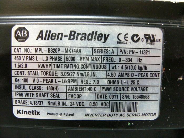 Used Allen Bradley MPL-B320P-MK74AA Kinetix Brushless AC Servo Motor 460V 5000 Rpm