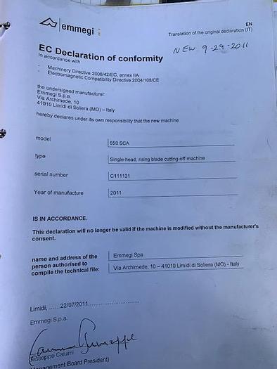 Used 2011 Emmegi 550 SCA Rising Blade Cutting Machine