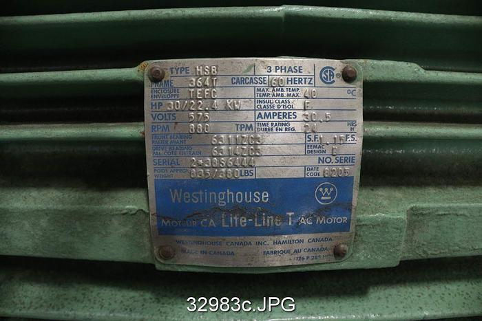 Used Westinghouse HSB 30Hp, 880RPM, 575Volts AC Motor #32983